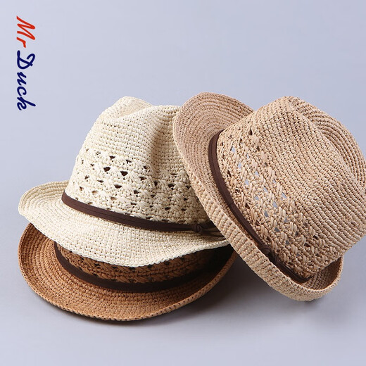 Mr DUCK进口手工编织拉菲草帽男女 可折叠爵士礼帽 防晒遮阳镂空透气草帽 MS17008-棕色 L码（适合60CM及以上头围）
