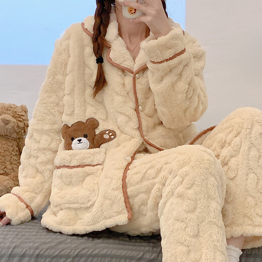 Qiao Yumeng Pajamas para mujeres en invierno en espesor en espesor de terciopelo de coral cálido lindo dibujos animados de internet estilo celebridad de otoño e invierno ropa para el hogar MF-897# Light Luxury Plaid Children Style M