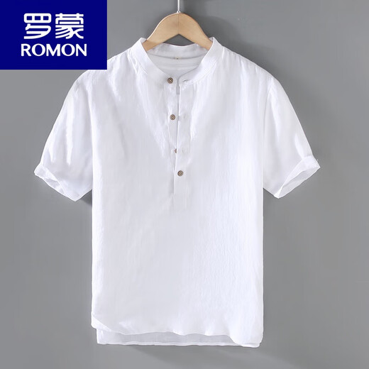 罗蒙（ROMON）纯亚麻短袖t恤男士夏季棉麻T恤麻布衣服复古休闲透气立领麻料上衣 JM280灰色 XL