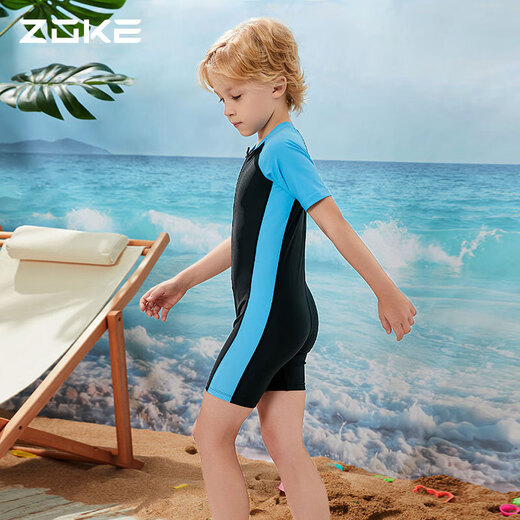 ZOKE children's swimsuit one-piece boys and girls boxer short-sleeved training swimsuit 115604419 black/light blue 14