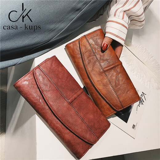 casa-kupsCK女包轻奢简约女包2025新款钱包长款手拿包复古搭扣油腊 棕色