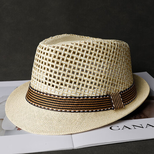 Sumu Bai Chapeau Haut de Forme à la Mode Chapeau de Paille pour Hommes Chapeau de Soleil de Bord de mer d'été Chapeau de Protection Solaire Respirant Chapeau de Jazz d'âge Moyen et âgé Beige Style Adulte (56-58 cm)