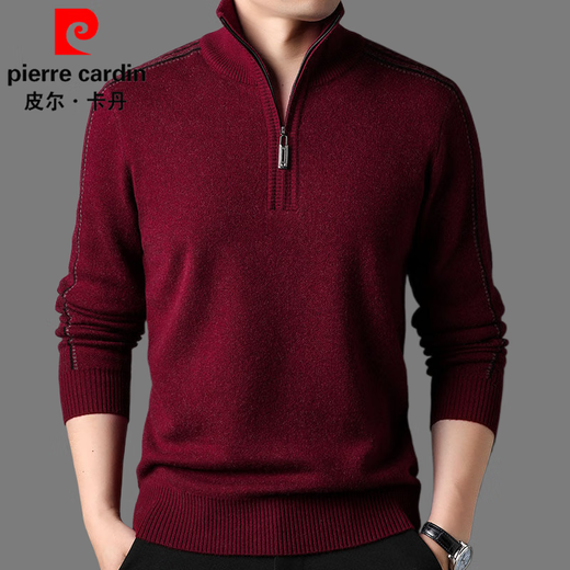 Pierre Cardin Men's Autumn and Winter Wool Sweater Half-High Zip Collar Thick Pure Wool Sweater Men's 100% Wool Thickened Bottoming Shirt