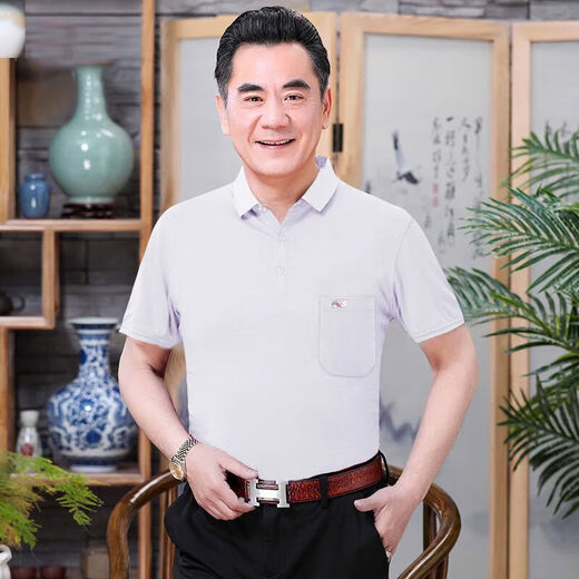 贝吉棋新疆棉夏季短袖t恤棉的男士宽松中老年人翻领带口袋爸爸装大红色 反(领)701藏青色 56#【165-200斤】