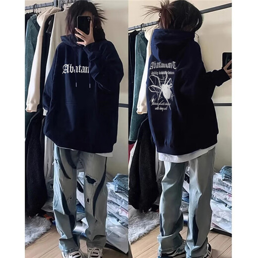 乔诗彤秋冬新款美式印花连帽卫衣女宽松休闲百搭上衣潮流ins加绒加厚 H12161深蓝色 3XL