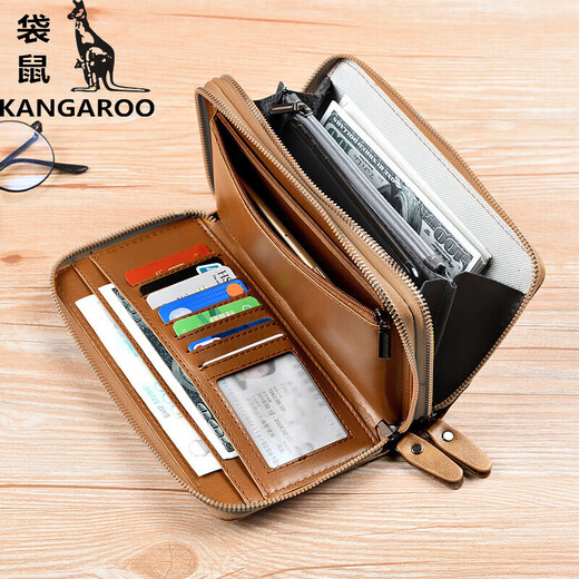 袋鼠（KANGAROO）精品男士手拿包长款钱包简约大容量钱夹休闲手包新款拉链男包夹包 棕色