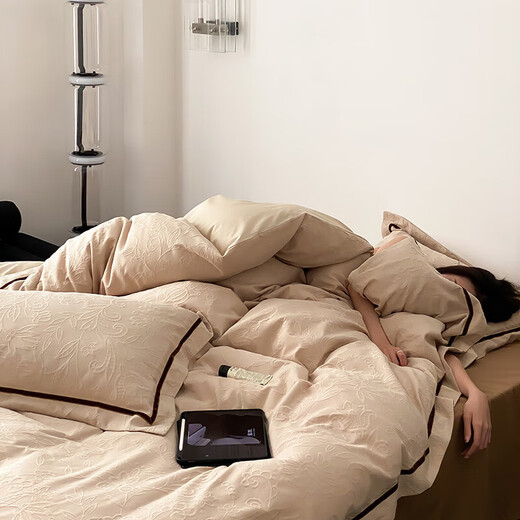 Snowsman pure cotton bed four-piece set, cotton embossed jacquard quilt cover, high-end bedding, Maillard simple wabi-sabi style bed sheets