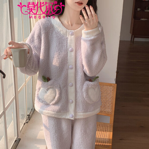 莫代尔珊瑚绒睡衣女秋冬季加绒加厚开衫套装甜美可爱法兰绒可外穿家居服 3882-郁金香 M