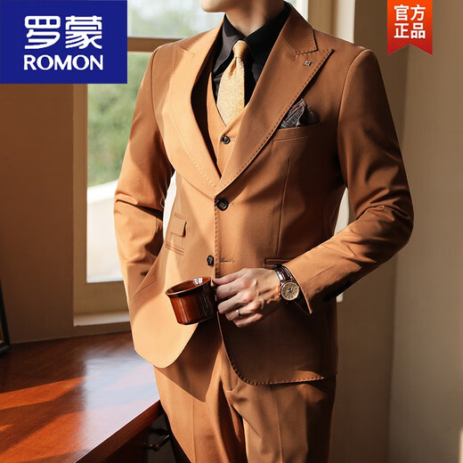 ROMON retro-accent ticket belt design large peak lapel two-button suit men's autumn and winter Maillard caramel dress suit black suit + trousers M 100-110Jin Jin equals 0.5 kg
