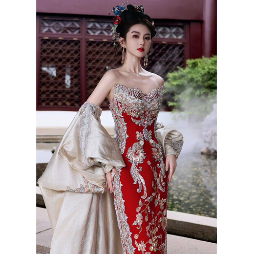 XiUhe Familie [Orientaler einfacher außergewöhnlicher Stil] Toastwear Cheongsam 2025 Neues chinesisches Stil trägerloses Hochzeitskleid Phoenix Crown Robe N-869 Luxus (Cheongsam) s