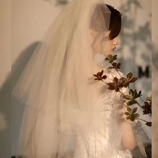 坤米新娘头纱头饰结婚拍照领证道具短款系纱领证头纱简约双层头纱领证 白色4层头纱 60cm-80cm