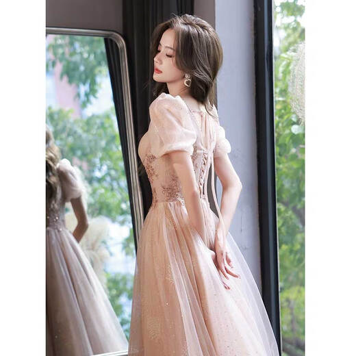 Seidler French evening dress 2025 new temperament light luxury niche high-end banquet host Bel Canto solo singer female light nude pink long style L (recommended 106-115 Jin Jin equals 0.5 kg)