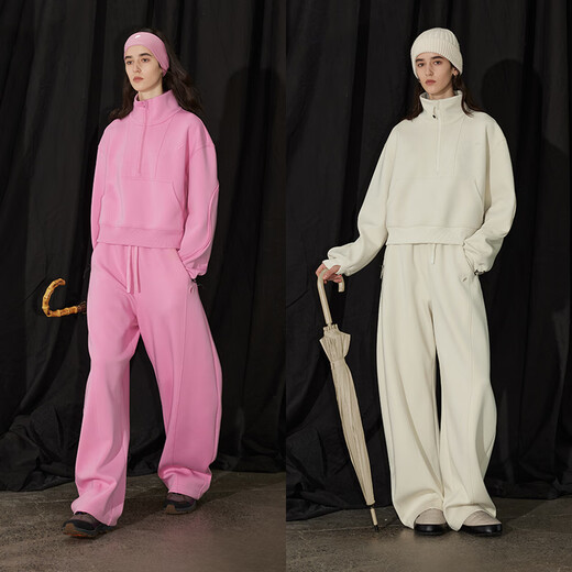 Semi-circle and semi-circle women's sports 2025 autumn and winter velvet thickened short asymmetrical loose sweatshirt women's pants suit sweatshirt (beige) L