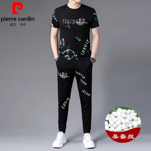 皮尔卡丹（pierre cardin）运动休闲套装男夏季薄款桑蚕冰丝印花短袖韩版痞帅潮流个性痞帅风 9227黑色 165/M