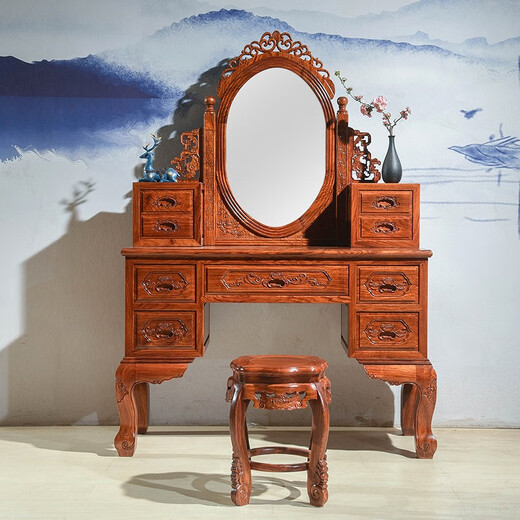 Tianjiang Qicai mahogany furniture Burmese rosewood (scientific name: Big fruit rosewood) all solid wood European style bedroom dressing table dressing stool Fuyun dressing table + stool two-piece set