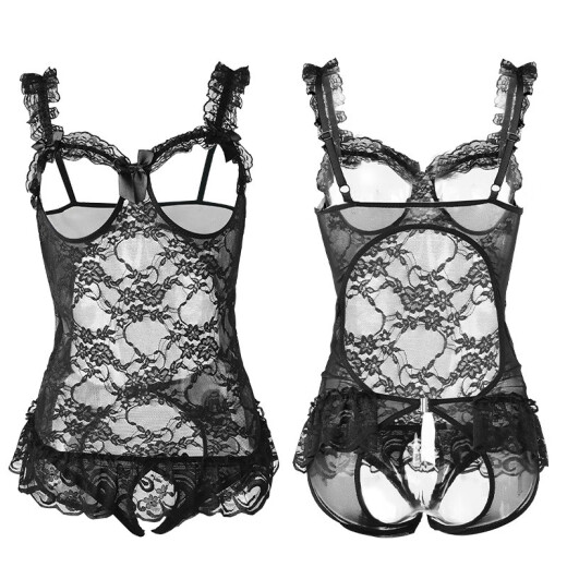 Luoying sexy lingerie sexy lace open crotch transparent jumpsuit temptation set 7861 black