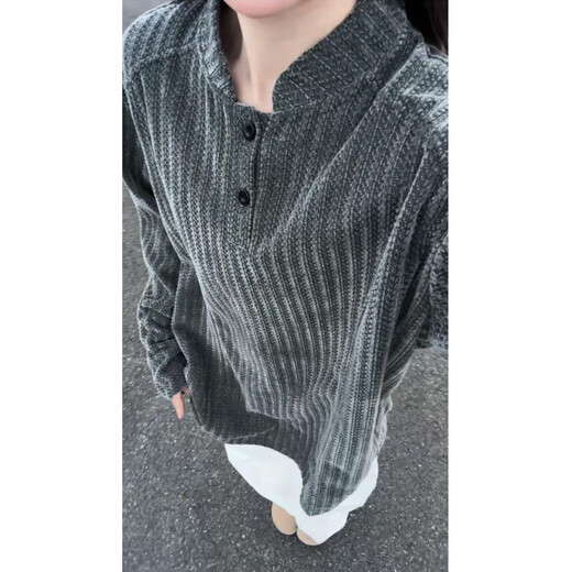 Yuruike gray herringbone pattern Henry collar POLO shirt sweatshirt for men in autumn American style long-sleeved T-shirt with base layer gray M suitable for 100-115 Jin Jin equals 0.5 kg