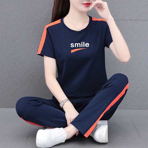 NY-EMMA运动套装女短袖夏季棉质休闲时尚中年洋气减龄广场舞跑步服两件套 695灰色（长裤套装） XL(建议110-125斤)