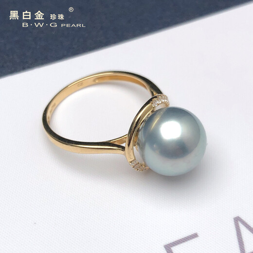 Black and white gold pearl, South Sea platinum, malachite green, seawater glare, Tahitian black pearl ring, 18k gold for women, inlaid with zircon, platinum gray (please leave a message for the ring number) 10-11mm