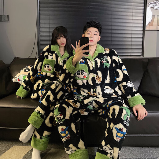 Mengdong Crayon Shin-chan Couple Pajamas for Men and Women Winter Coral Velvet Cute Cardigan Internet Celebrity Style Flannel Home Clothing Set KYX-A59904 XL Men's Style (Recommended 120-145 Jin Jin equals 0.5 kg)