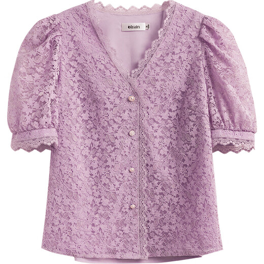 Olrain Autumn and Summer French Lace Shirt V-neck Puff Sleeve Cardigan Western Style Loose Top White S 155/80A