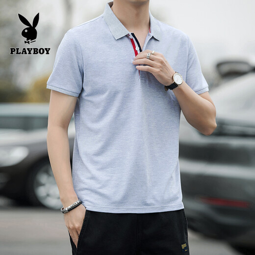 Playboy POLO shirt men's short-sleeved men's casual business solid color lapel Paul men's summer cotton men's top MT2107 gray XL
