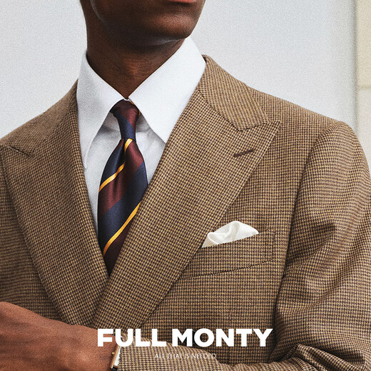 FULL MONTY【Marzotto面料】羊毛西服外套男士千鸟格双排扣西装商务单西 棕色20006 52