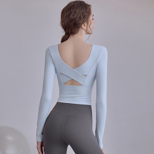 LULULMCCTN Beauty Back Yoga Suit Women's Fixed Cup Fitness Pilates Professional Training Sports Long Sleeve Suit Milk Blue Long Sleeve M