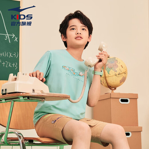 Hongxing Erke children's short-sleeved children's clothing boys and girls summer tops short T-shirt breathable T-shirt for large children solid color porcelain blue 130