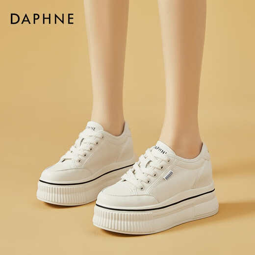 达芙妮（DAPHNE）帆布鞋女休闲饼干鞋黑白格子厚底增高鞋子新款学生百搭春款 1048款米色 34 (220mm) 标准码