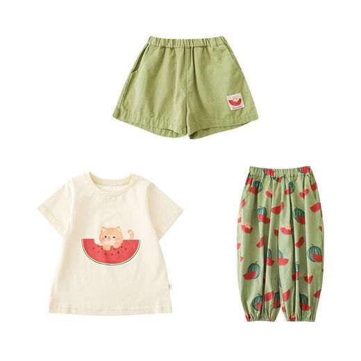 Camiseta de la serie de sandía de YouYou Girls 2024 Summer Nuevo lindos pantalones cortos verdes de dibujos pantalones de la pierna de bebé