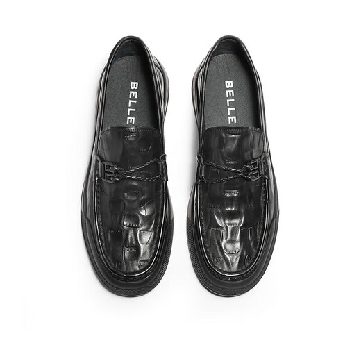 Belle Casual Shoes Men's Cow Leather Plaid Slip-On Shoes A1368AM4 Black 41