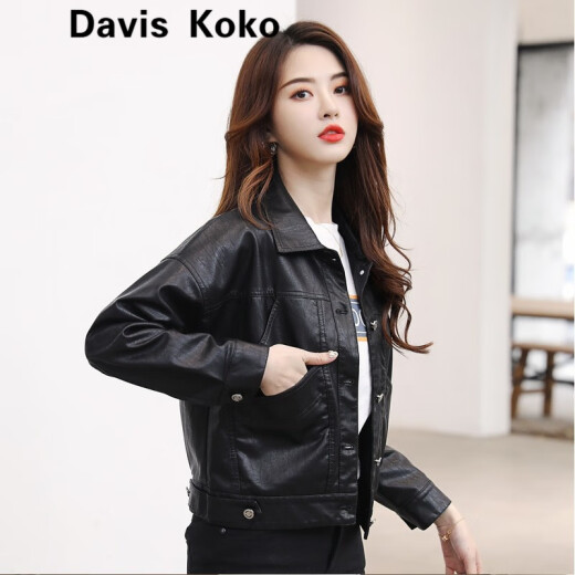 daviskoko high-end brand leather thickened jacket women's spring new short motorcycle leather jacket versatile temperament top black plus cotton M