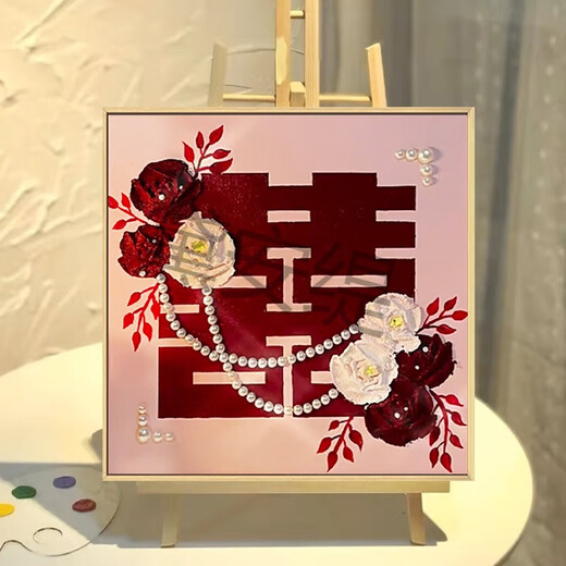 新婚结婚礼物喜字肌理画石英砂丙烯数字油画diy玫瑰装饰挂画 qx10975肌理画 50*50cm加厚实木内框-高亮颜料+