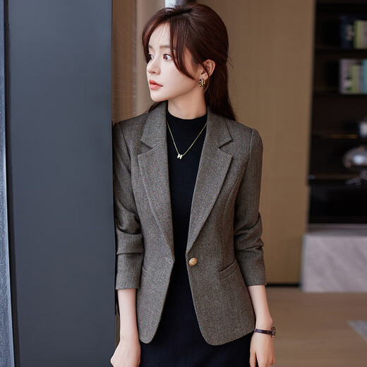 Chenfu small suit jacket for women, Korean version, fashionable, casual, short, small, temperament, slim suit, versatile work clothes top, single cotton gray suit, 3XL, recommended 130-140Jin Jin is equal to 0.5 kg