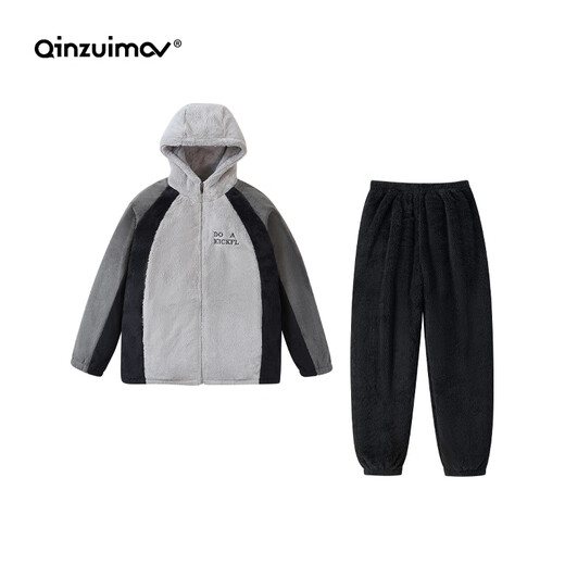 Kissing Cat Soft Velvet Hooded Wide Couple Pajamas Women's Autumn and Winter Warm Thickened Men's Suit Home Clothes 4705 Golden Brown Women's M