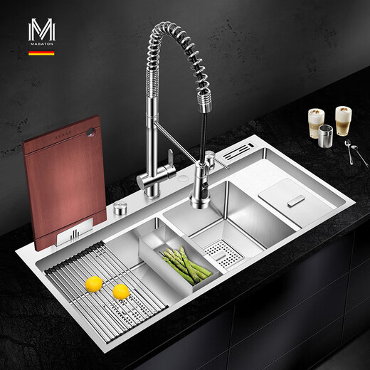 MABATON 9848L Küchenspüle, handgefertigtes großes Gemüsespülbecken aus 304-Edelstahl mit zwei Schlitzen und Ablagefach für Mülleimer (Wasserhahn nicht im Lieferumfang enthalten)