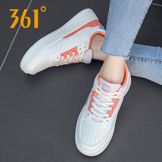 361°女鞋板鞋女新款秋冬季皮面休闲运动鞋女透气韩版小白鞋四季款 6623羽毛白/粉橘色 37