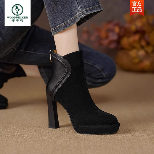 Woodpecker retro waterproof platform thick heel short boots for women 2025 autumn and winter new style genuine leather round toe thick sole high heels suede fashion boots black upgraded version 38
