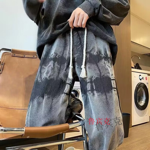 鲁宾克美式复古牛仔裤男春秋季直筒宽松高街阔腿长裤潮牌痞帅hiphop裤子 YC-7170黑色 L