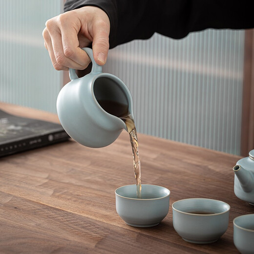 SUSHI CERAMICS Ru kiln Kung Fu tea set can be opened and can be used to grow Ru porcelain 10-head Zhongde teapot gift box J0430 holiday souvenir