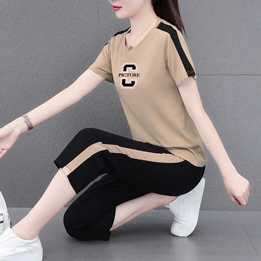 NY-EMMA运动套装女短袖夏季薄款高档洋气减龄棉质休闲时尚跑步服两件套 687蓝色（七分裤套装） M(建议80-95斤)