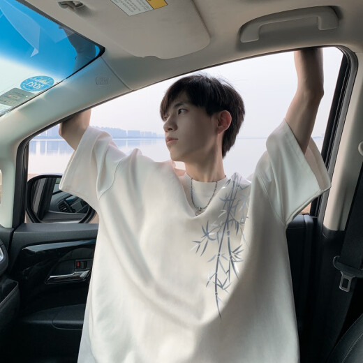 Junyin new Chinese style bamboo pure cotton short-sleeved T-shirt men's summer heavyweight half-sleeved tops bottoming shirt men's trendy T-shirt white XL