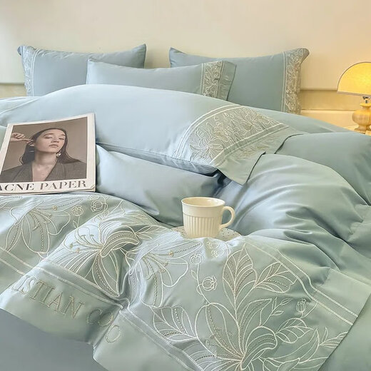 Crystal Home Textiles European Maternal and Infant Long Staple Cotton Four-piece Set Pure Cotton Light Luxury Embroidered Quilt Cover Sheet Sheet Fitted Sheet Full Cotton Upgraded Baby Grade Heavy Embroidery * Starry Blue * Suitable for 1.8m bed Four-piece Set * Quilt Cover 2x2.3m