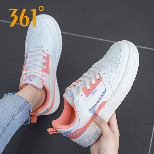 361°女鞋板鞋女新款秋冬季皮面休闲运动鞋女透气韩版小白鞋四季款 6623羽毛白/粉橘色 37