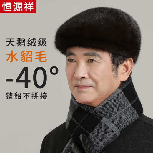 Hengyuanxiang winter full mink fur hat for men men's genuine fur mink velvet cap middle-aged and elderly forward hat beret black 2XL (59-62CM and above)