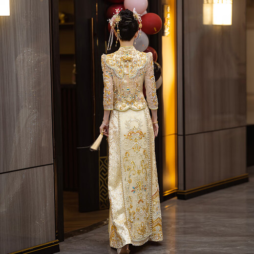 Zhiji xiUhe Hochzeitsbraut Hochzeitskleid 2025 Neue Champagner Farbe Neues chinesisches Hochzeitskleid Toast Drache und Phoenix Kleid Hochzeitskleid Hf008 m