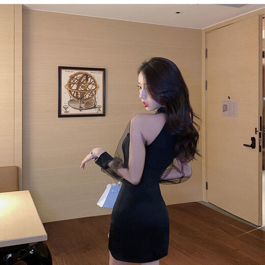 忆静萱（YIJINGXUAN）纯欲性感网纱拼接连衣裙女春秋辣妹修身裙子收腰显瘦长袖包臀夜店 黑色 046# M 【建议100斤左右穿】