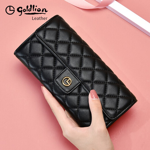 Goldlion long wallet for women 2025 new style cowhide clutch bag for girls with multiple card slots genuine leather light luxury ladies handbag high-end black FA021919-111