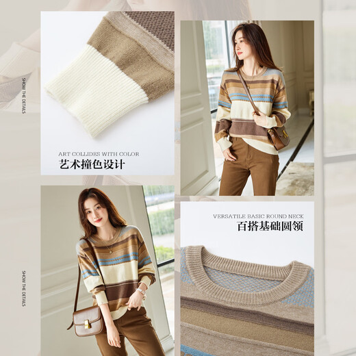 Demana Light Mature Commuting 2025 Winter Round Neck Velvet Yarn Striped Contrast Color Sweater Long Sleeve Knitted Sweater Women's Top